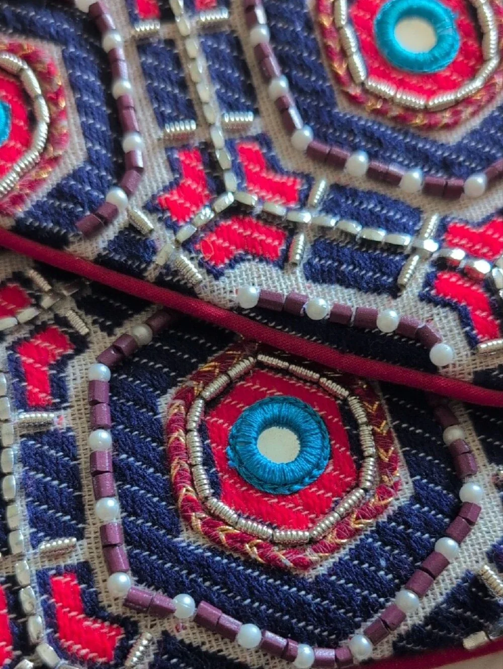 Embroidered Navy & Pink Geometric Beaded Clutch